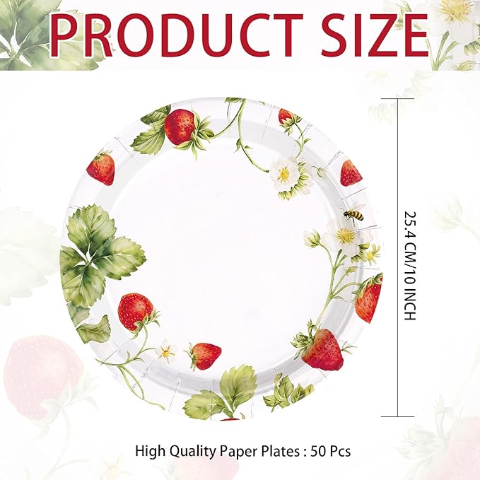 50Pcs Strawberry Paper Plates 10 Inch Heavy Duty Disposable Strawberry Birthday Party Decorations Spring Sweet Fruit Themed Plates for Girls Spring Wedding Picnic Birthday Dinner Party Supplies
