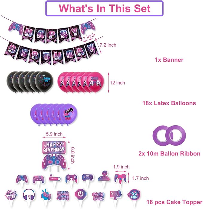 Video Game Birthday Party Decoration Set, Purple Game Birthday Party Supplies, Includes Banner Balloon Cake Decoration