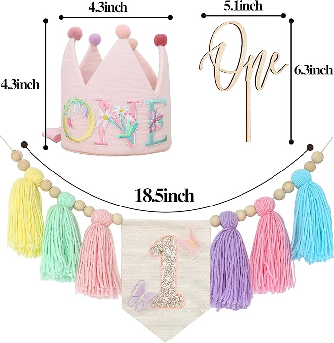 Macaron Butterfly High chair Banner Wood Bead Tassel Garland Crown Hat Wooden Cake Topper Birthday Party Decorations