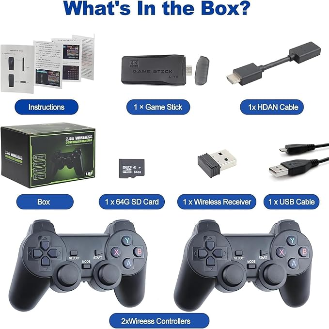 Wireless Retro Game Console Stick Built-in 20000+ Games, Retro Game Stick 4K HDMI Output, Plug Play TV Video Gaming Stick with 2 2.4G Wireless Controllers, Gift for Easter