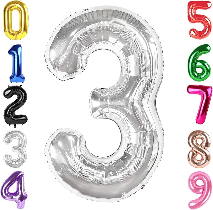 40 Inch Silver Number 3 Balloon, Giant 3 Number Balloons for 3rd Birthday Decorations, Party Supplies for Baby Boy Girl, Silver Party Decor