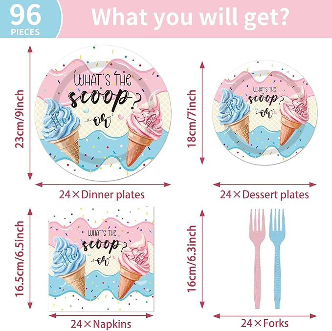 96PCS Whats The Scoop Plates and Napkins Party Supplies Whats The Scoop Gender Reveal Decorations Ice Cream Gender Reveal Party Decorations Disposable Paper Tableware Set Serves 24 Guests