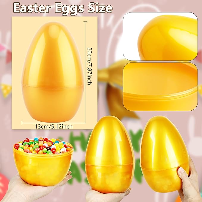 15 Pcs 8 Inch Jumbo Golden Easter Eggs Giant Fillable Plastic Eggs Empty for Egg Hunt Basket Fillers Easter Party Supplies Holiday Decor