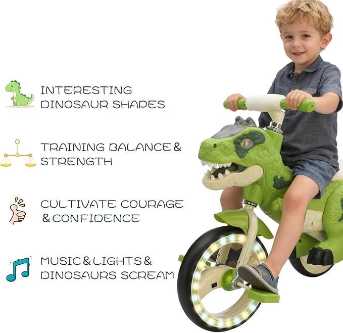 Dinosaur Kids Tricycle for Rider- Toddlers Kid Trike Bike Big Wheel with Music, Storage Basket,Light Wheel, Indoor/Outdoor Preschool Daycare Kids Bike,Best Gift for 3-7 Year Old Girls & Boys (Green)