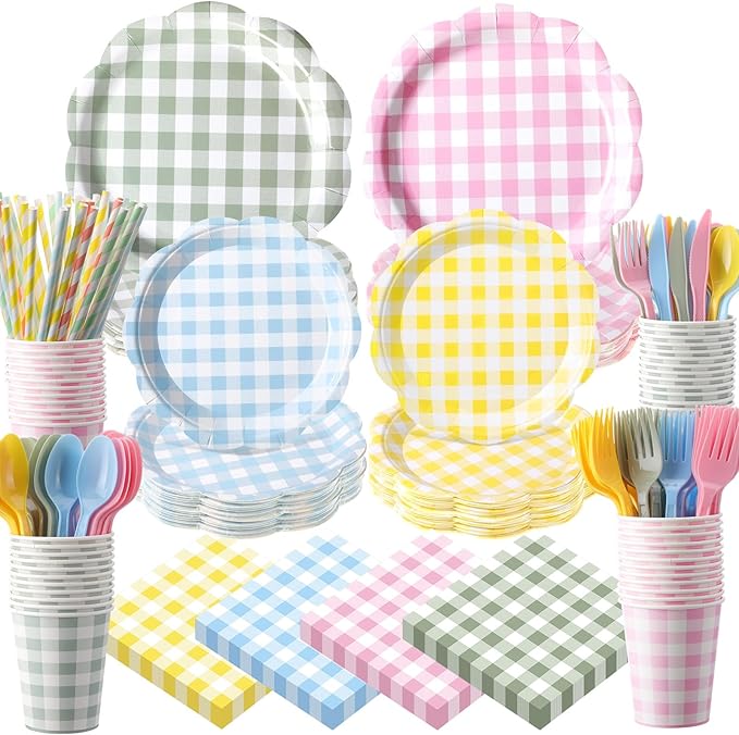 450 Pcs Gingham Tableware Set Decorations Pastel Plaid Paper Plates Napkins Cups Cutlery Straws Checkered Dinnerware Set for Easter Baby Shower BBQ Picnic Birthday Party Supplies, Serves 50