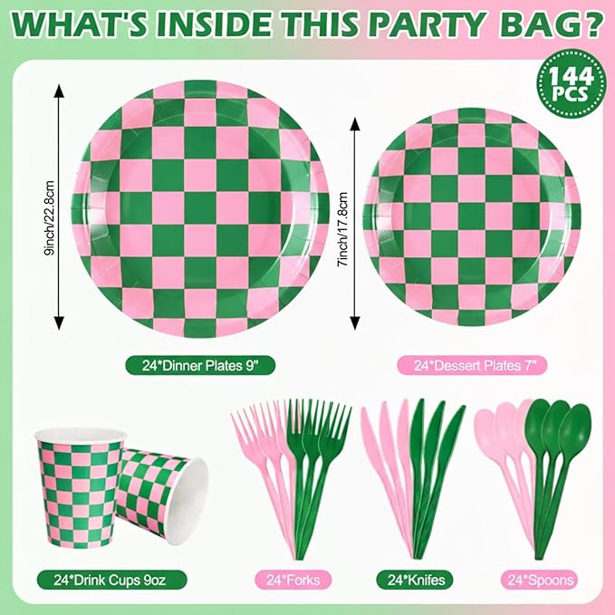 Zhehao 144 Pcs Pink and Green Checkered Party Decor Tableware Pink and Green Gingham Plaid Paper Plates Cup Napkin Knives Fork Spoon for Witch Princess Themed Party Disposable Supplies Serve 24 Guest