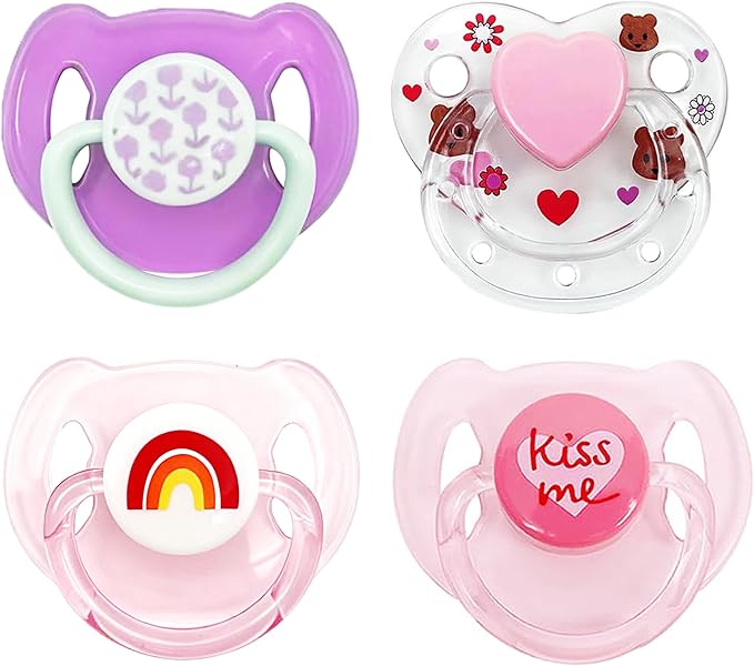 Magnetic Pacifiers for Reborn Baby Dolls ，Pink Purple Transparent Styles -4Piece Doll Feeding Toy Accessories & Kids Gifts Set
