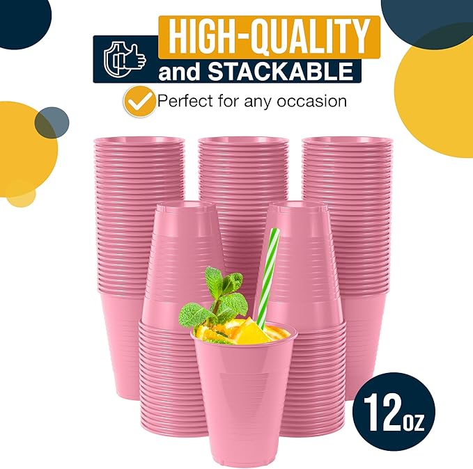Exquisite Party Solids 12 Oz Pink Plastic Cups For Party Supplies 50 Pack | Pink Disposable Cups Plastic | Disposable Drinkware For Parties, Events & Everyday