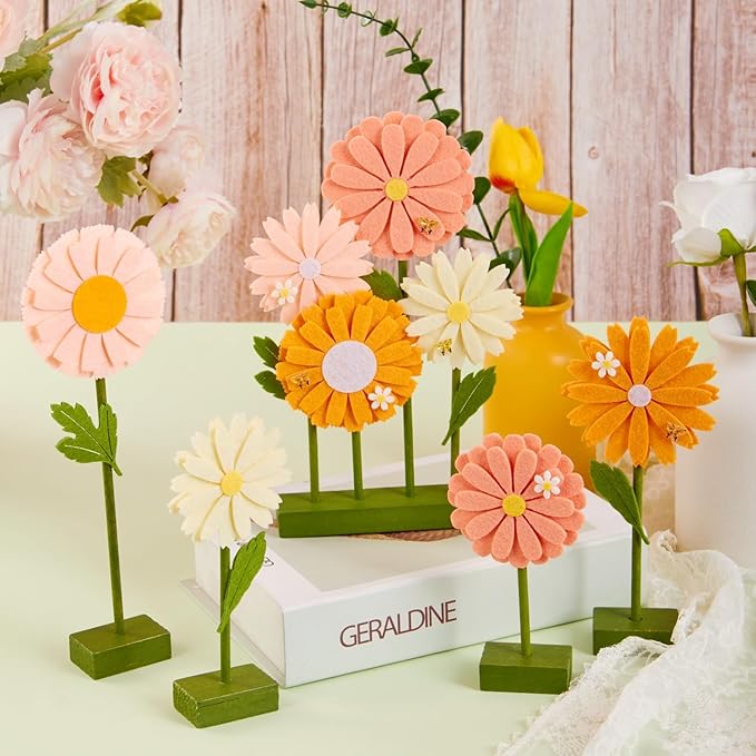 SUNBEAUTY 8 PCS Daisy Felt Centerpieces for Tables Flower Birthday Decorations Daisy Birthday Party Decorations Pink Orange Spring Floral Table Decor for Girl Birthday Baby Shower Garden Home Decor