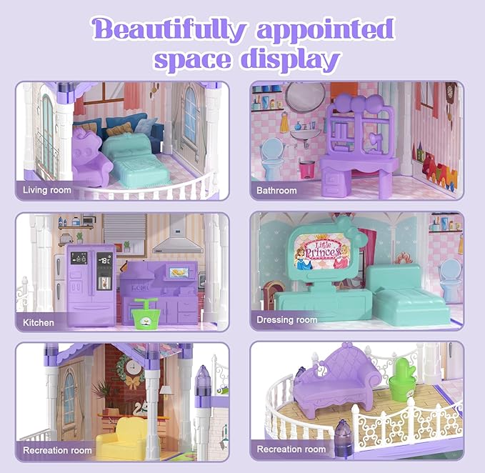 Dollhouse Set with 2 Dolls&4 unicons Dreamy Doll House with 9 Rooms 3 Floors 2 Pets, 12 Pieces Furniture and Accessories, Birthday Princess Dollhouse for Girls for 3 to 12 Years Old