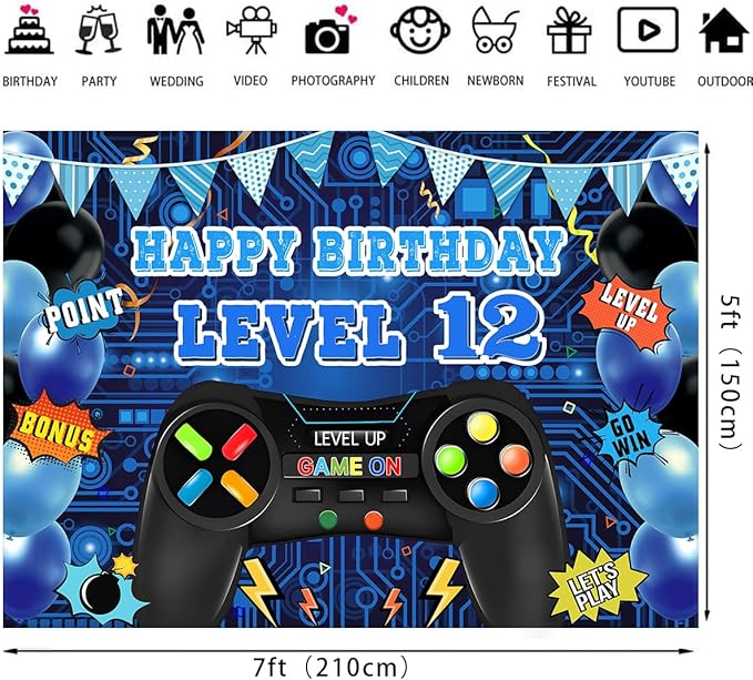Game Theme Level 12 Birthday Backdrop Video Game Happy 12th Birthday Party Decorations Level Up Theme Boys Kids Birthday Party Supplies(7×5FT)