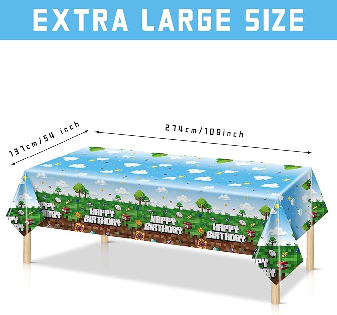 3 Pack Video Game Tablecloth,Plastic Disposable Gaming Theme Tablecloth, Retro Pixel Art Block Design, Vibrant 8-Bit Square Patterns for Kids Birthday Party,54 * 108 inch.