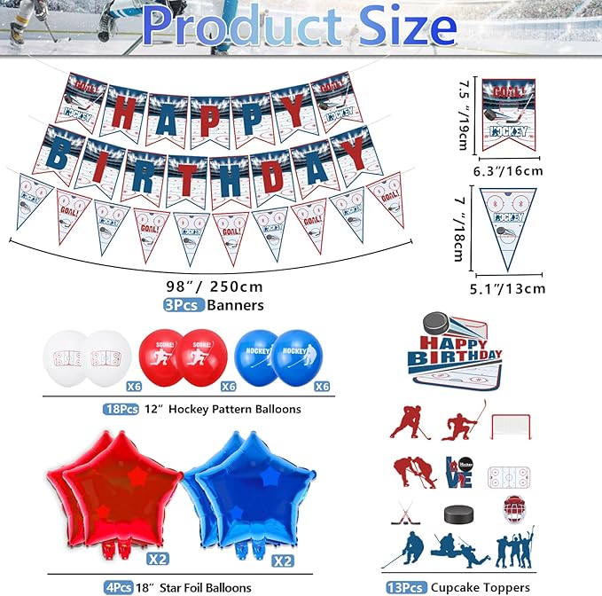 Hockey Party Decorations, Happy Birthday Banner, Ice Hockey Theme Cake Toppers, Latex Balloons and Tablecloth for Kids Party Sports Ice Hockey Birthday Party Supplies