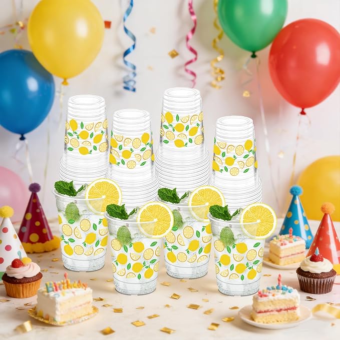 50Pcs Lemon Cups, 12oz Lemon Clear Plastic Cups for Yellow Fruit Themed Party Decorations Baby Shower Birthday Summer Lemonade Party Supplies