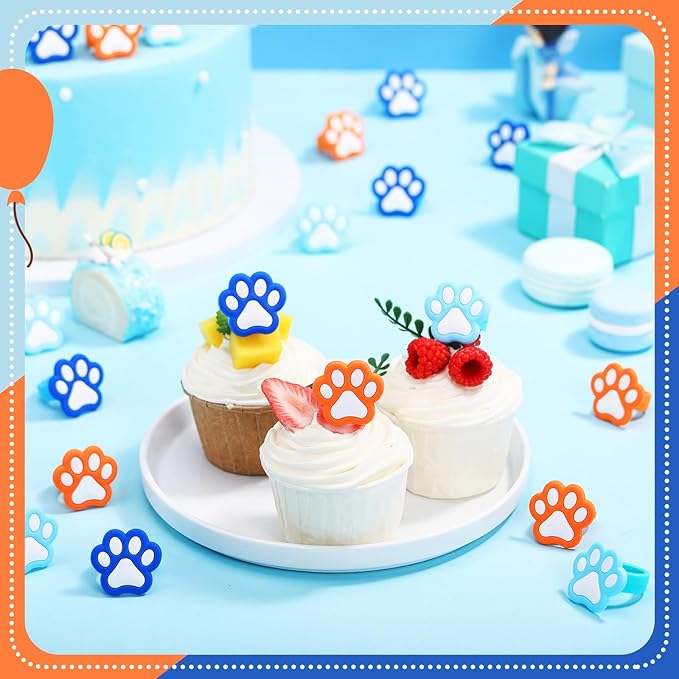 48 Pcs Paw Dog Cupcake Rings Toppers Decorations Orange Blue Red Yellow Paw Dog Theme Birthday Cupcake Rings Decorations for Puppy Baby Shower Party Supplies(Light Color)
