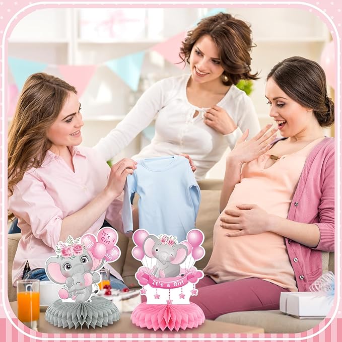 12 Pcs Pink Elephant Baby Shower Decorations Honeycomb Centerpieces Elephant Baby Shower Table Decoration Balloon Moon Flowers Table Topper for Birthday Party Favors Supplies