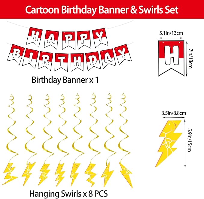 Cartoon Birthday Banner 8pcs Lightning Hanging Swirls Party Decorations, Flash Weather Streamers Gold Lightning Hanging, Kids Yellow Red White Birthday Party Decor for Kids Party Supplies