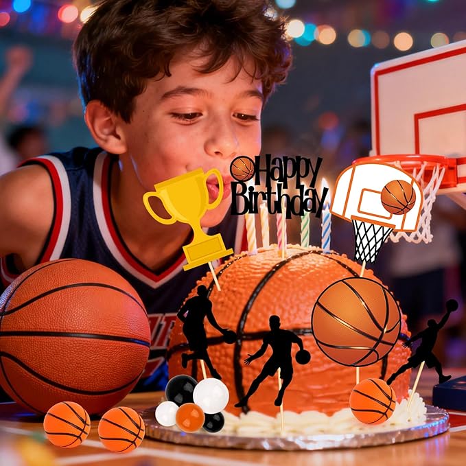 Hooqict 26Pcs Basketball Cake Decorations Set with Mini Balls, Players, Happy Birthday Basketball Cake Toppers & Cupcake Toppers for Kids Boys Men Sports Themed Basket Ball Birthday Party Decorations