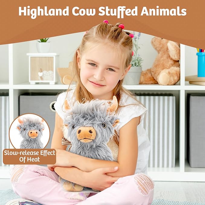 Marysun Highland Cow Stuffed Animal Toy Non-Microwavable Gray Stuffed Animal Gift for Girls and Kids