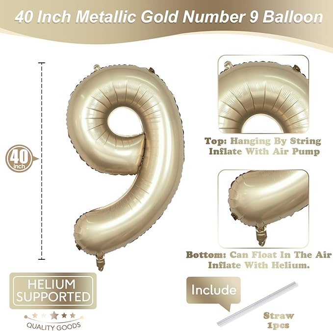 Light Gold Purple Number 9 Balloon, 40 Inch Metallic Gold Foil Number Balloons Set 0-9 for Boys Men, Globos de Numero 9 Helium Balloon for 9th Age Girls Birthday Anniversary Party Decorations Supplies