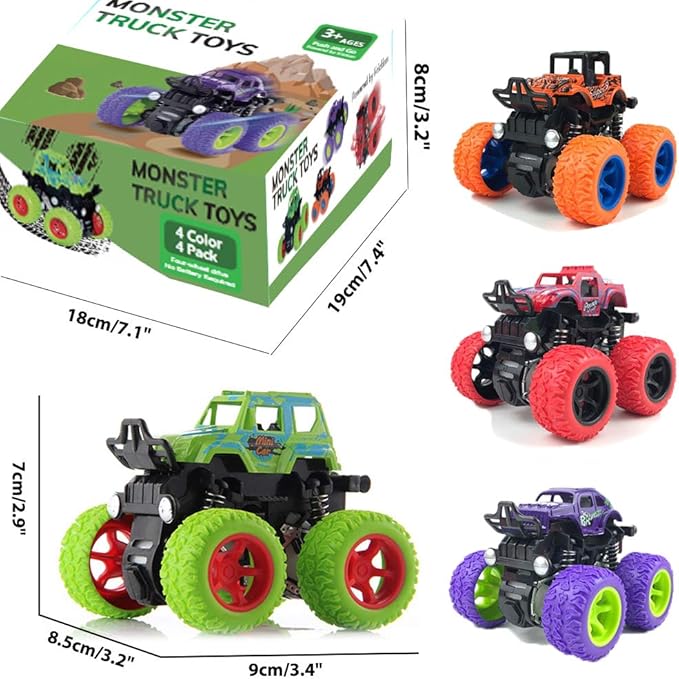 Monster Trucks for Boys, 4 Pack Pull Back Vehicles Cars for Toddlers, 360° Rotation 4 Wheels Drive Durable Friction Cars Powered Push and Go Toys Truck Playset Gift for 3 4 5 6 7 8 Year Old Kids Girls
