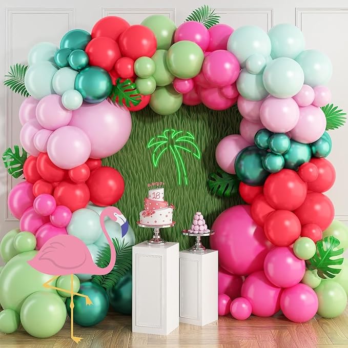 Pink Flamingo Balloons Garland Arch Kit Tropical Balloons with Olive Green Pastel Pink Red Chrome Green Hot Pink Latex Balloon for Summer Beach Hawaii Party Birthday Luau Aloha Decoration
