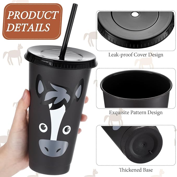 Mifoci 12 Horse Party Favors Horse Cups with Lid Straw 24 oz Plastic Drink Cups Bulk Reusable Tumblers for Birthday Party Themed Gifts