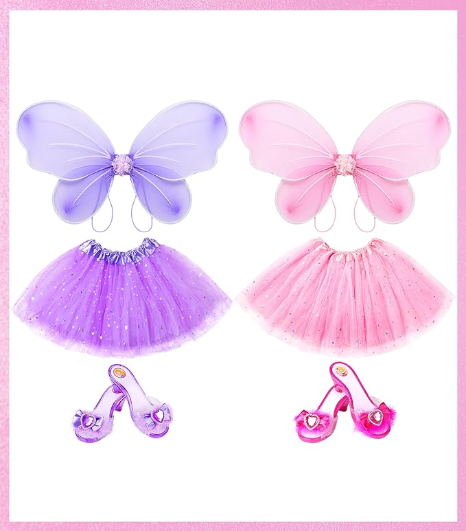 Princess Dresses with Fairy Wings, Dress Up Clothes Pretend Play Costumes Trunk with 3 Sets of Princess Dress Up Shoes, Glitter Girls Tutu Skirts and Butterfly Wings, Toys for 3-6 yr Girls