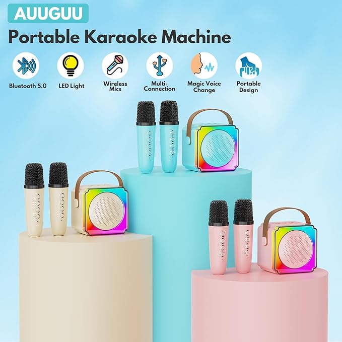 Karaoke Machine, Portable Speaker with Microphones, Birthday Family Party Gifts for Kids Girls Boys 3 4 5 Year Old