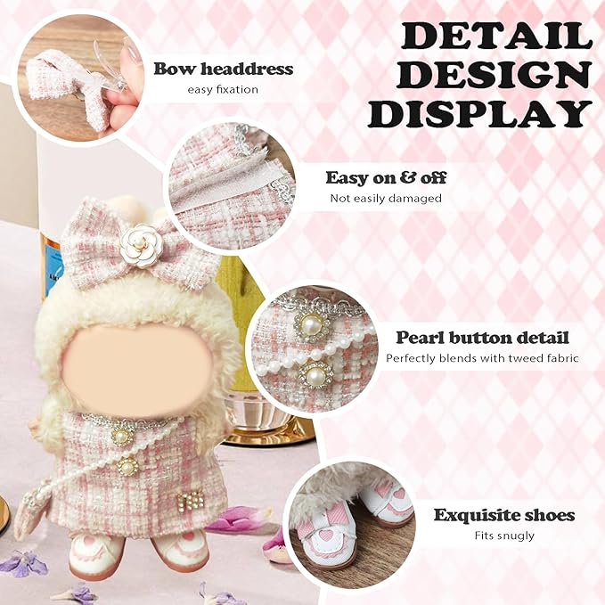 Clothes Compatible with LABUBU Doll – 4PCS Pink Tweed Charm Set, 17cm Doll Clothes Designer Outfit for Romantic Pastel Theme, Chic Stylish Accessories for Labubu, No Doll (Peachy Tweed Daydream)