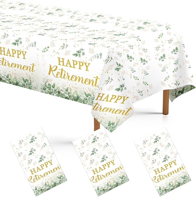 3Pcs Sage Green Retirement Party Decorations Greenery Happy Retirement Tablecloth Plastic Rectangle Gold Green Retired Table Cloth for Women Men Teachers Goodbye Going Away Party Supplies 54" x 107"
