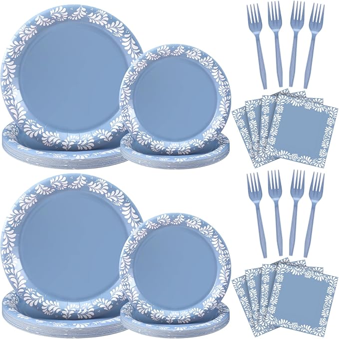 122 Pcs Blue Cielito Lindo Baby Shower Decoration Platos De Barro Mexicanos Fiesta Talavera Paper Plates Mexican Napkins Forks Tableware Set for Birthday Weeding Party Supplies, Serve 24