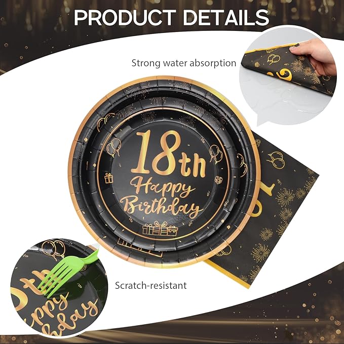 96Pcs 18th Birthday Party Decorations for Men Women Black and Gold Paper Plates and Napkins Cups 18th Birthday Party Supplies, Serves 24