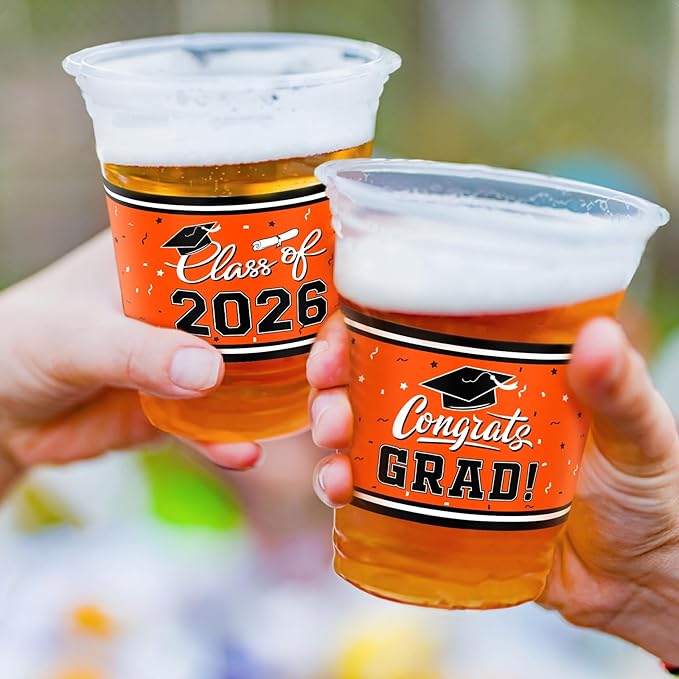 Gatherfun Class of 2026 Celebration - 100 Pcs 16oz Orange Graduation Plastic Cups for Sturdy & Durable Drinkware for Grad Festivities | Essential Graduation Party Supplies & Decorations