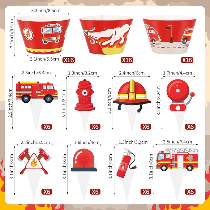 48 Pack Fire Truck Cupcake Toppers and Wrappers, Firefighter Fireman Party Cake Decoration for Firefighting Theme Birthday Party Baby Shower Supplies
