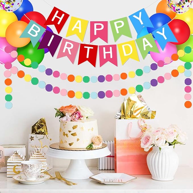Rainbow Birthday Decorations for Kids Girls Women,Colorful Birthday Party Decorations for Girls with Happy Birthdays,Colorful Circle Parper Garland,Rainbow Fringe Curtain, Colour Party Supplies