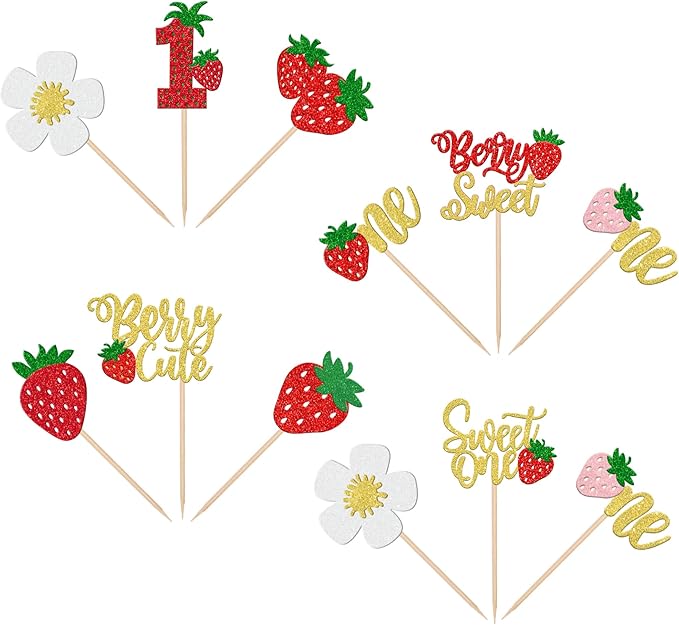 30 PCS Sweet One Strawberry Cupcake Toppers Glitter Sweet Berry 1st Birthday Cupcake Picks Strawberry Birthday Decorations for Baby Shower Kids First Birthday Party Cake Decorations Supplies Gold