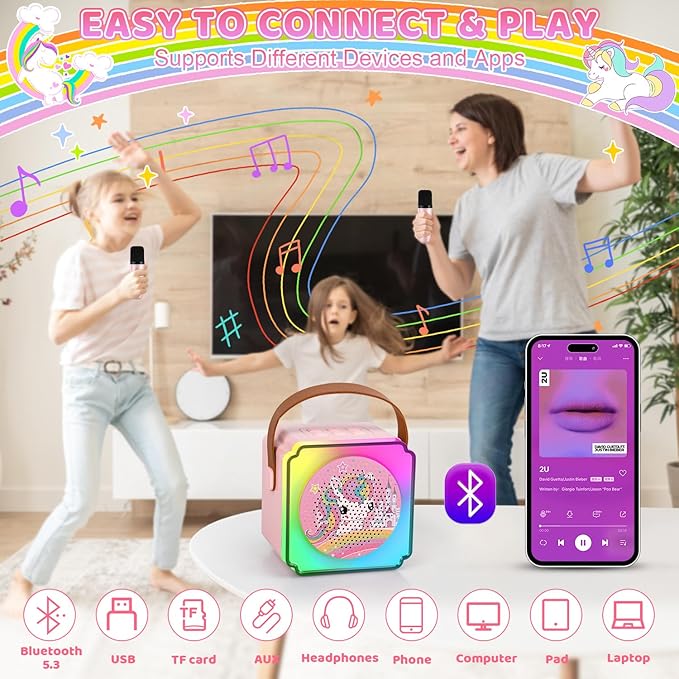 Toys for Girls Karaoke Machine for Kids, Mini Karaoke Machine Kids Toys 3 4 5 6 7 8 9 10 12+, Girl Toys Age 4-5, Princess Toys Birthday Gifts for Girls Boys Party (Pink 2 Mics)