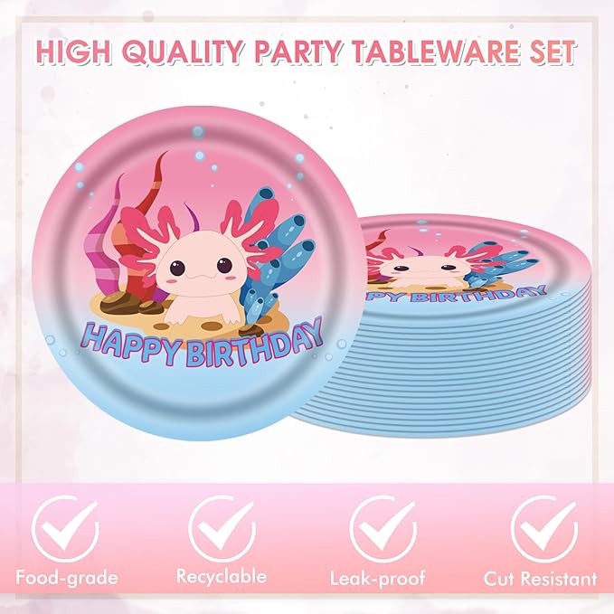 40 Pcs Axolotl Party Birthday Decoration Pink Cartoon Reptile Animals Tableware Set Include 7 Inch Dessert Plates and Paper Napkins for Axolotl Kids Girls Baby Shower Party Supplies