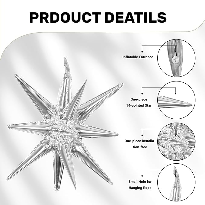 6 Pcs Silver Star Foil Balloons One-Piece 14-Pointed Star Balloon 4D Starburst Cone Mylar Balloon 22inch Christmas Birthday Wedding Wedding Anniversary Party Supplies (Silver + Caramel Colour)