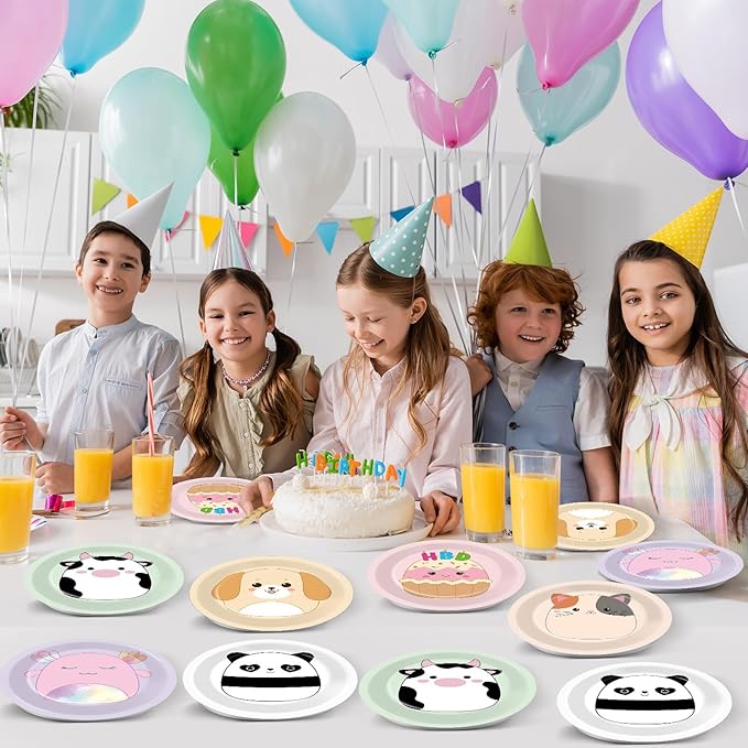 60 Pcs Animal Theme Birthday Party Decorations Cute Animals Theme Plates Pet Party Supplies Tableware Squish Kawaii Animal Plate Set Squish Animals Dinnerware for Kids Baby Shower Birthday Supplies
