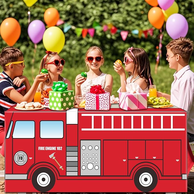 Cumule 6 Ft Fire Truck Tablecloths Fire Theme Table Cover Fire Engine Birthday Party Decorations Washable Polyester Rectangle Table Cover Decor for School Back to School Party Decorations