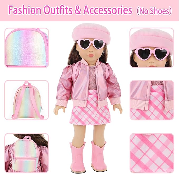 Ecore Fun 17 Pcs American 18 Inch Doll Accessories Cosmetic Set with Backpack & Outfits | Pretend Play Makeup Kit for 18" Dolls | Includes Lipstick, Eyeshadow, Brushes, Accessories & Stylish Clothes