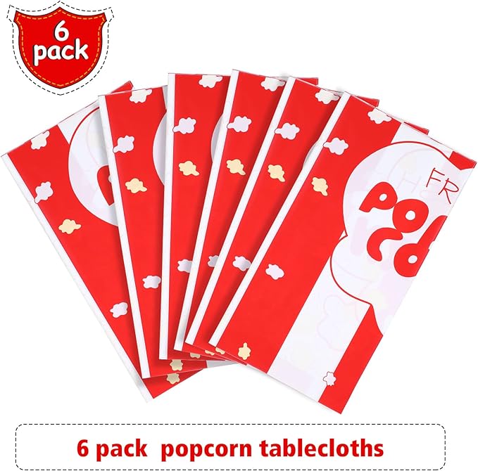 Irenare 6 Pieces Popcorn Tablecloth Decorations Plastic Popcorn Table Cover Carnival Theme Party Tablecloth for Carnival, Circus Themed, Movie Night Birthday Party Supplies, 54 x 108 Inch