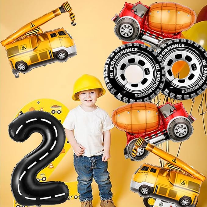 2nd Birthday Decorations for Boys Construction Balloons 40inch Number 2 Balloons Truck Foil Balloon for Construction Birthday Party Decorations Supplies