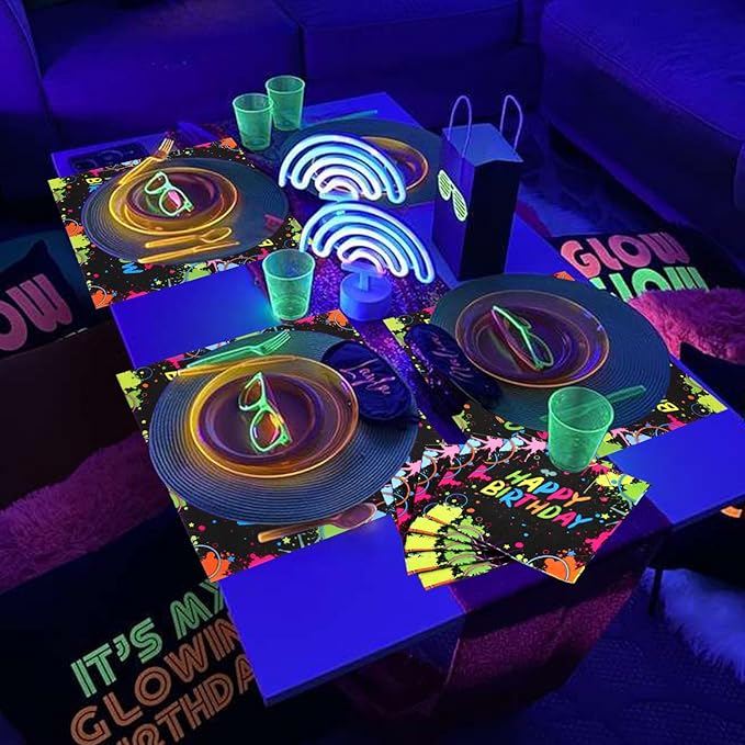 100Pcs Let’s Glow Party Napkins, 13 x 13 Inches Glow in The Dark Paper Napkins, Black Light Neon Paint Party Napkins for Lets Glow Crazy Party Neon Fluorescent Birthday Party Decorations