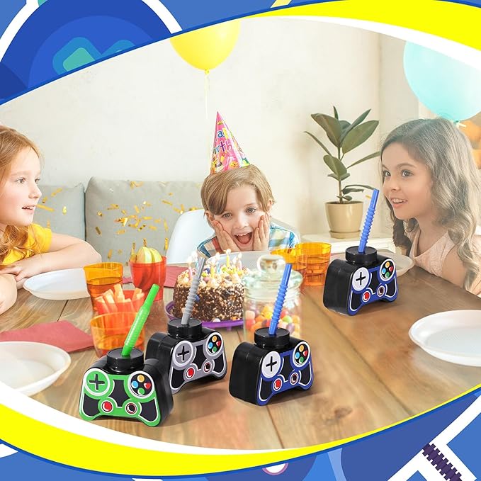 Mifoci 12 Pcs Plastic Video Game Party Cups with Straw and Lid 10oz Gamer Birthday Themed Drink Cups 7th Video Game Party Favors for Kids Toddlers Gamer Birthday Supplies (Blue)