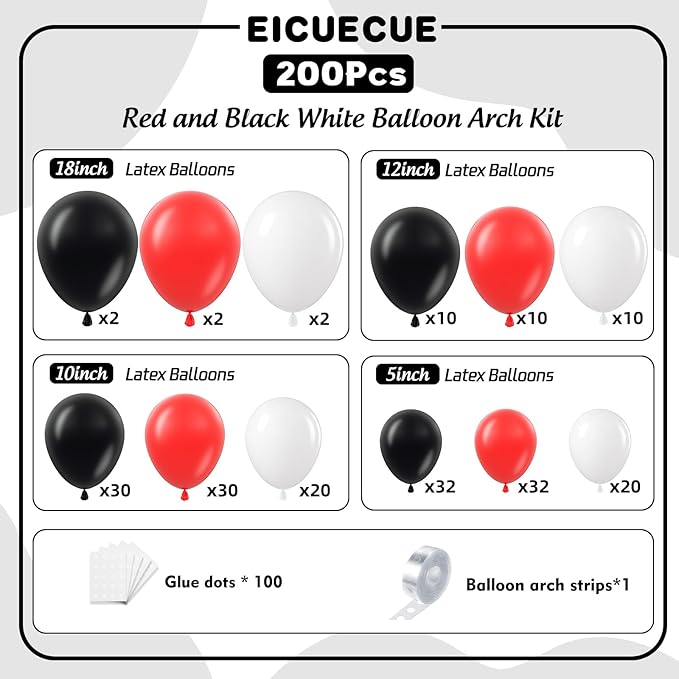 Red and Black White Balloons Garland Arch Kit 200Pcs - 5 10 12 18 inch Different Size Balloons for Graduation Birthday Anniversary Racing Car Poker Card Theme Party Decorations