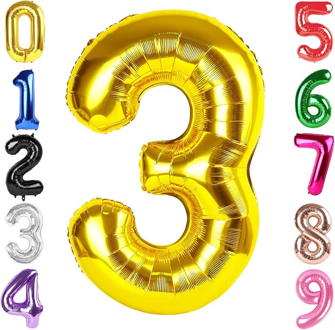 40 Inch Gold Number 3 Balloon, Giant 3 Number Balloons for 3rd Birthday Decorations, Party Supplies for Baby Boy Girl, Gold Party Decor