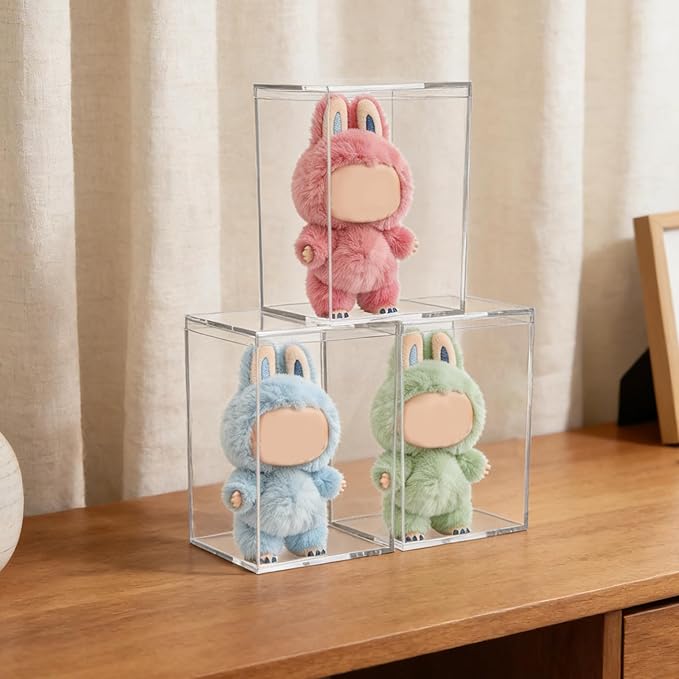 3 Pack Clear Plastic Stackable Display Case with Lid Display Case Compatible with Labubu POP MART Acrylic Clear Display Box Shelf Figure Display Case for Plush Collectibles Action Figures